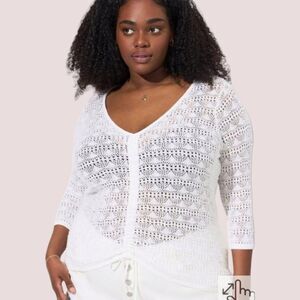 TORRID Women's White Open Stich Pullover V- Neck Cinched Front Sweater 4X